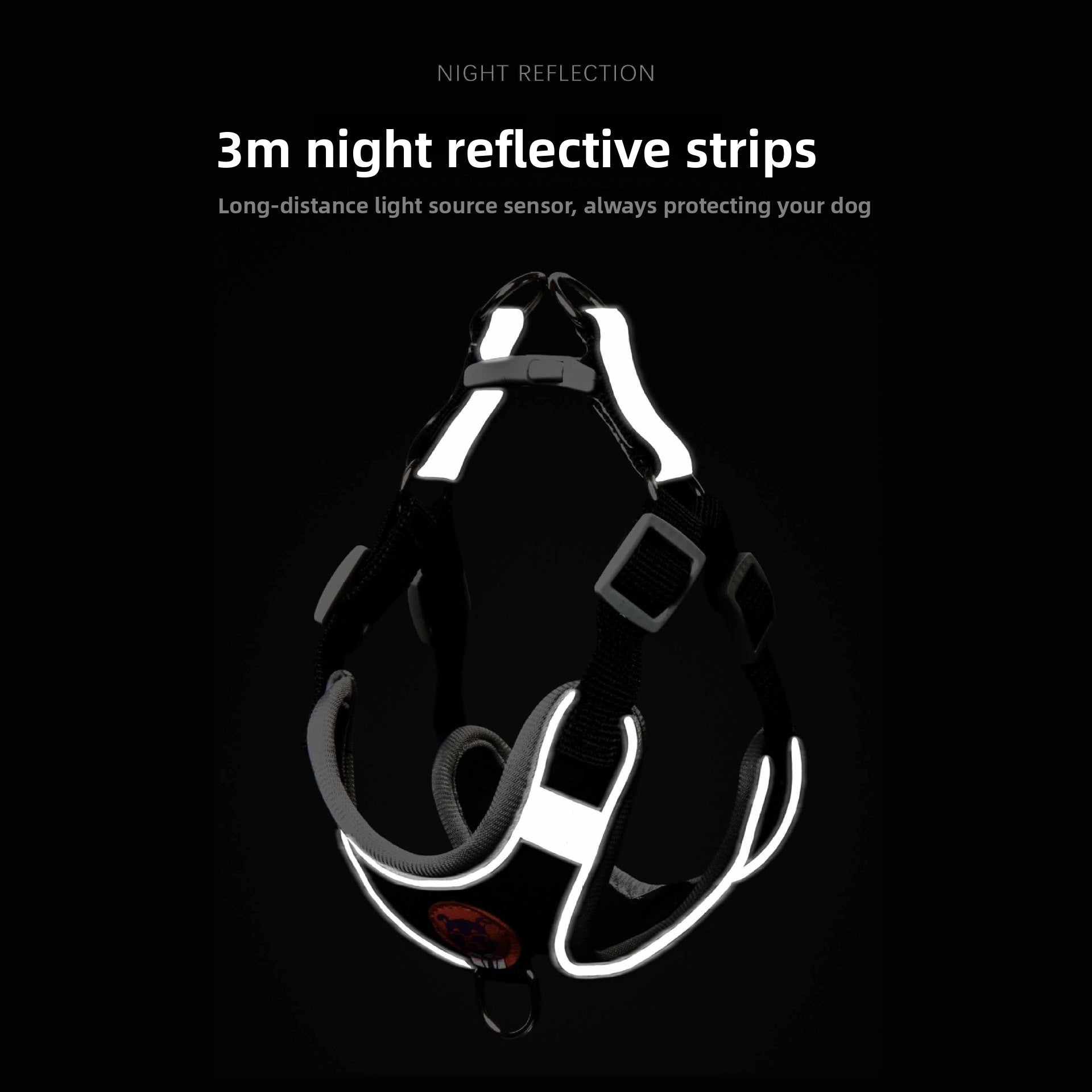 Dog harness with 3m night reflective strips on a black background